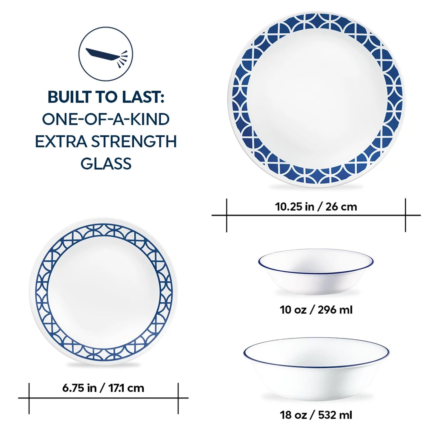 Corelle® Cobalt Circles 16-piece Mugless Dinnerware Set, Service of 4