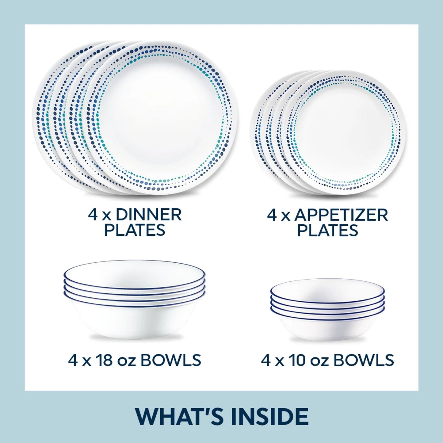 Corelle® Ocean Blues 16-piece Mugless Dinnerware Set, Service of 4