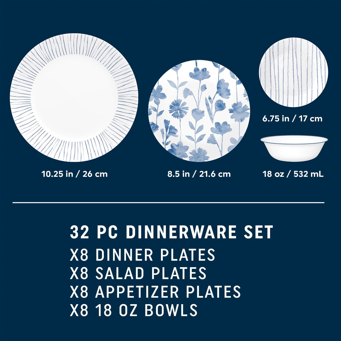Corelle® Botanical Stripes 32-piece Dinnerware Set, Service for 8